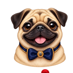 Cheerful fawn pug in a navy bow tie